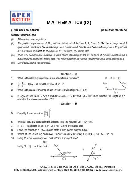 Summative Assessment 1 Class 9 Mathematics Guess Paper 2 2016 Triangle Elementary Geometry