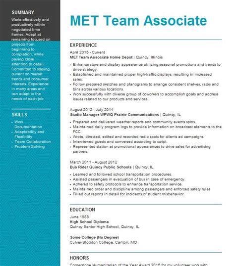 Home Depot Met Team Resume Example