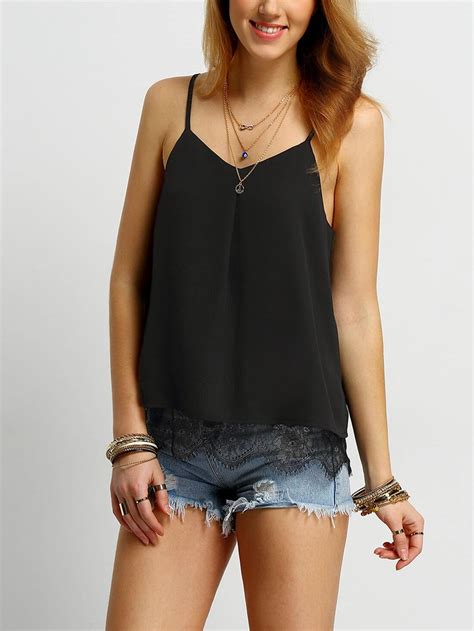 Top Tirante Fino Encaje Cami Negro Spanish SheIn Sheinside