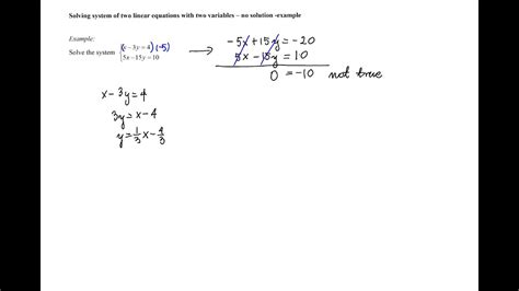 Solving A System Of Two Linear Equations With Two Variables No Solution Example Youtube