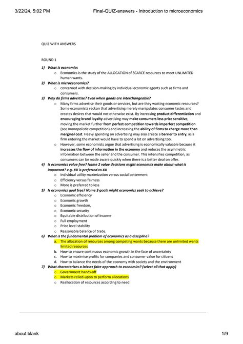 Solution Final Quiz Answers Introduction To Microeconomics Studypool