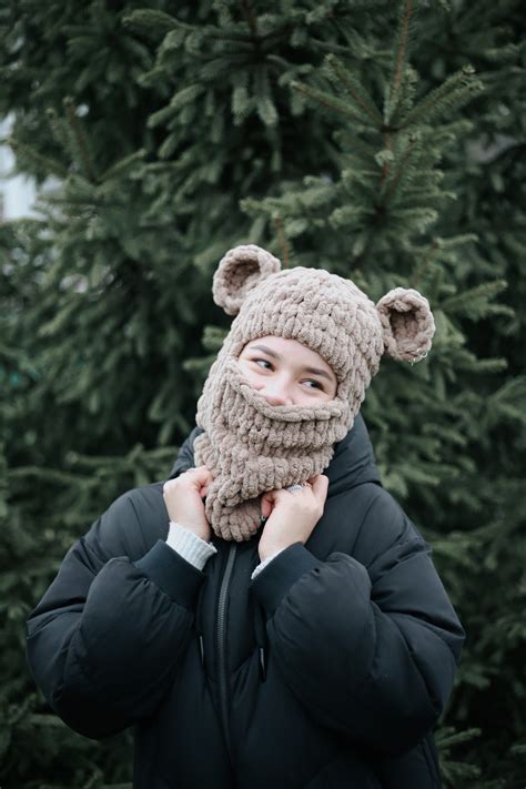 Hand Knitted Original Balaclava Puffy Winter Warm Hat With E Inspire