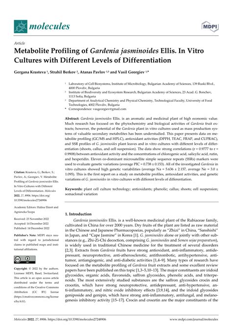 PDF Metabolite Profiling Of Gardenia Jasminoides Ellis In Vitro