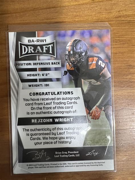 Leaf Draft Autographs Ba Rw Rejzohn Wright Au Rc For Sale