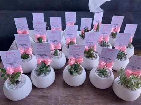 A Table Topped With White Vases Filled With Succulents And Place Cards