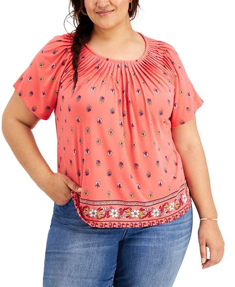 Style And Co Plus Size Printed Pleated Neck Top Created For Macys Macys