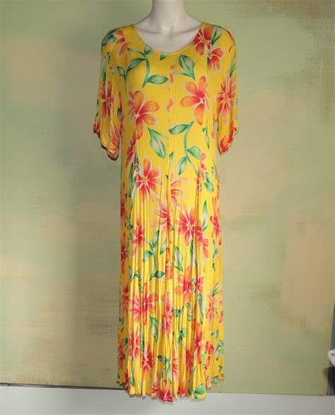 L 90s Vivid Yellow Watercolor Floral Print Rayon Dress Stretchy Crinkle