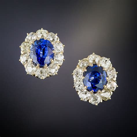 Antique Sapphire Diamond Halo Stud Earrings Antique Vintage