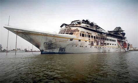 The damaged Al Mansur Iraqi President Saddam Hussein's private yacht ...