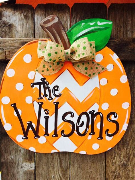 Chevron And Polka Dot Patch Pumpkin Wooden Hand Painted Door Hanger