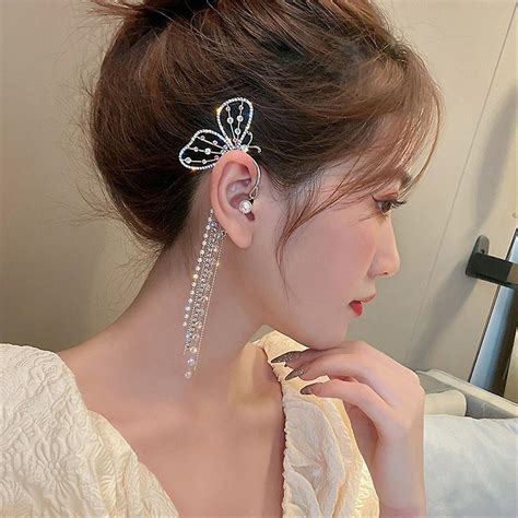 Sparkling Crystal Pearl Butterfly Ear Cuff Clip Earring Wrap Crawler