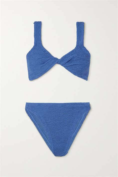 Hunza G Juno Twist Front Metallic Seersucker Bikini In Blue Endource