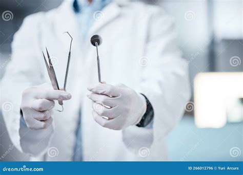 Dentist Hands With Tools Teeth And Mouth Care With Cleaning Oral