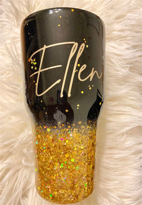 Black And Gold Glitter Tumbler Ombré Glitter Tumbler Mom Etsy