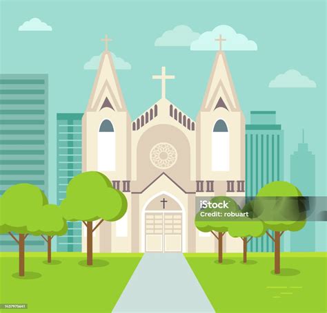 Old Catholic Church Cartoon Vector Classic Cathedral Illustration Stock