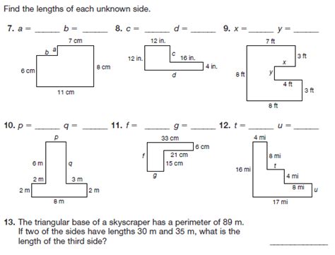 Perimeter Missing Side Worksheets