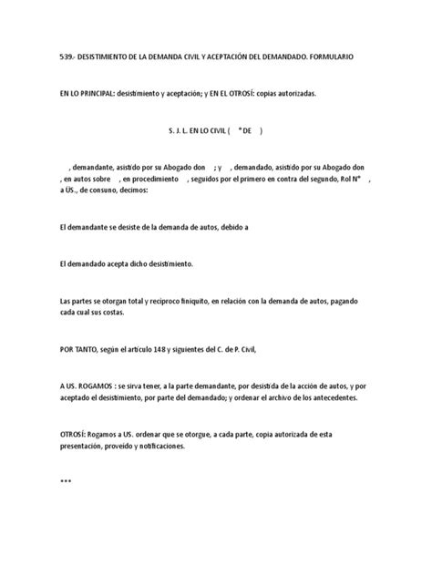 Desistimiento De La Demanda Civil Y Aceptación Del Demandado Formulario