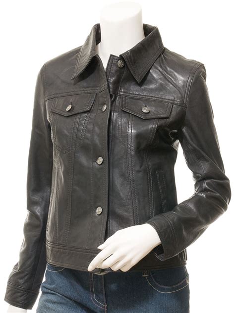 Women S Black Leather Trucker Jacket Erin Women Caine