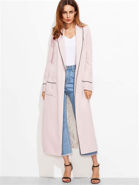 Pink Contrast Piping Shawl Collar Pocket Front Wrap Coat