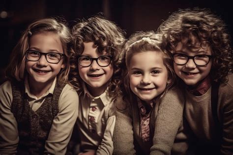 Premium AI Image | A group of children wearing glasses are smiling and looking at the camera