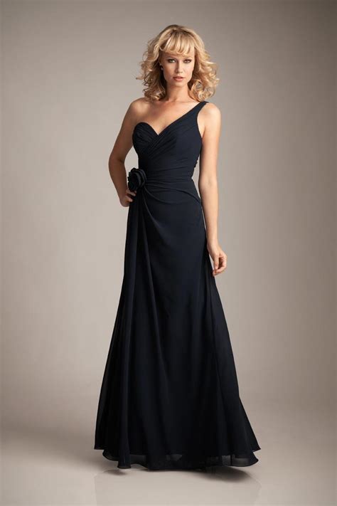 Dark Navy One Shoulder Chiffon Long Bridesmaid Dress