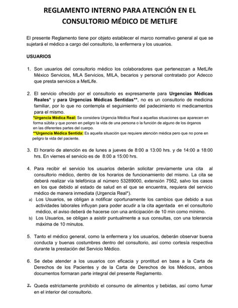 Reglamento Interno Para Atenci N En El Consultorio