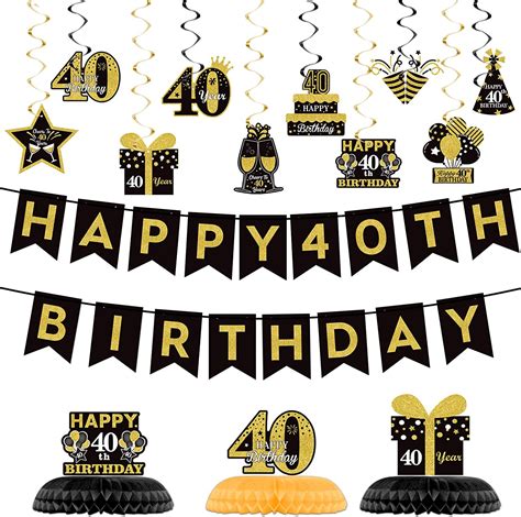 40th Glitter Black Gold Birthday Banner Party Decorations Happy 40th Birthday