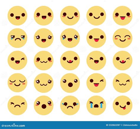 Smileys Chibi Characters Vector Set Emoticon Kawaii Emojis Collection