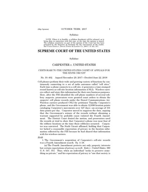 Ussc Carpenter V United State June 22 2018 Slip Opinion October