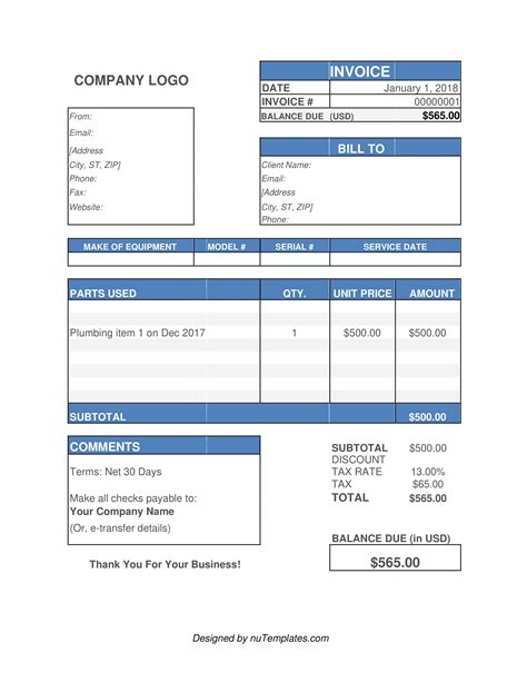 Free Printable Plumbing Invoice Templates Excel Pdf