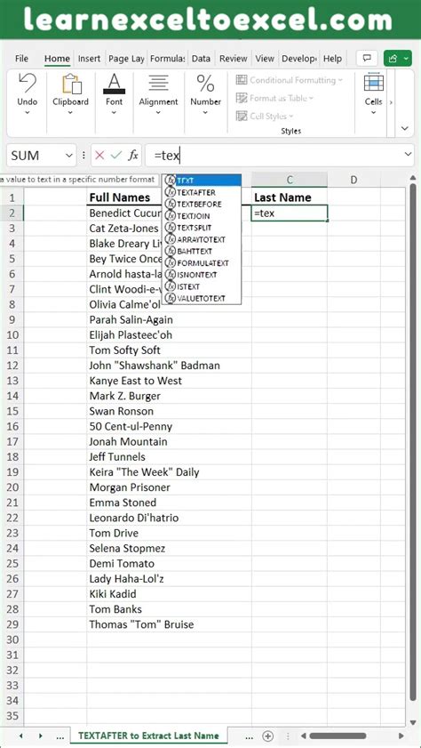 Extract Last Name With Textafter Function In Excel Formula To Split