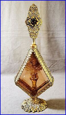 Antique Vanity Cherub Perfume Bottle Gold Filigree Ormolu Beveled Peach