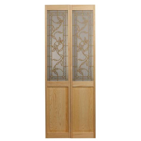 Pinecroft 32 in. x 80 in. Glass Over Panel Universal/Reversible Tuscany Wood Interior Bi-Fold ...