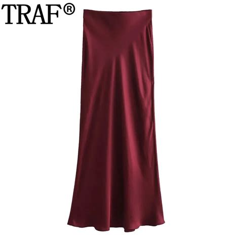 TRAF 2024 Satin Long Skirts For Women High Waist Midi Skirt Stylish