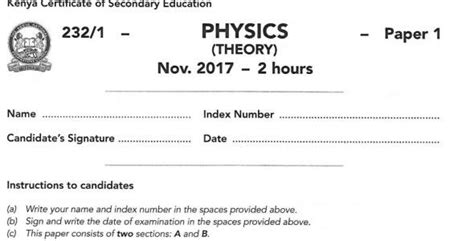 Kcse Physics Paper 1 2017 Exam Questions With Answers Knec Past Paper