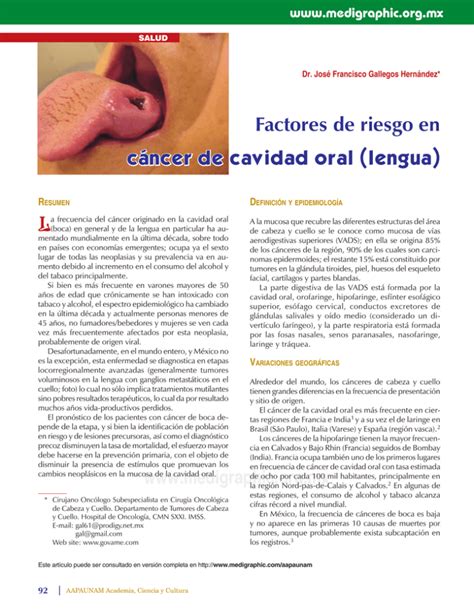 Factores de riesgo en cáncer de cavidad oral lengua