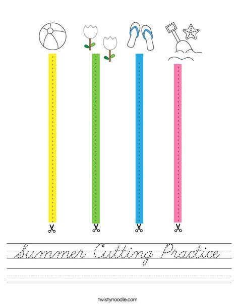 Summer Cutting Practice Worksheet Cursive Twisty Noodle