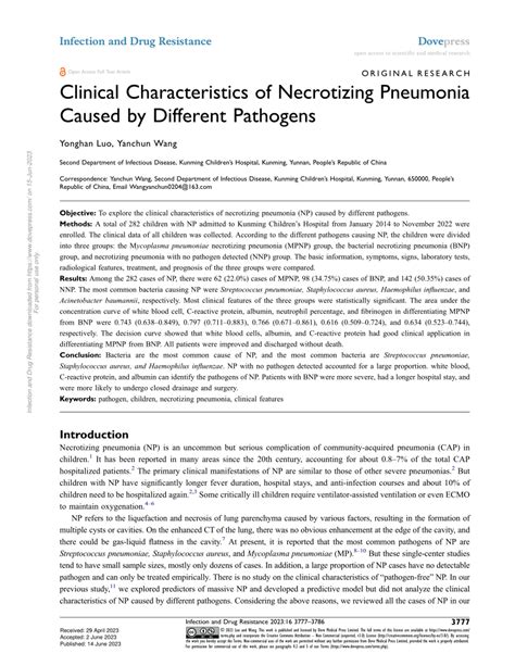 PDF Clinical Characteristics Of Necrotizing Pneumonia Caused By