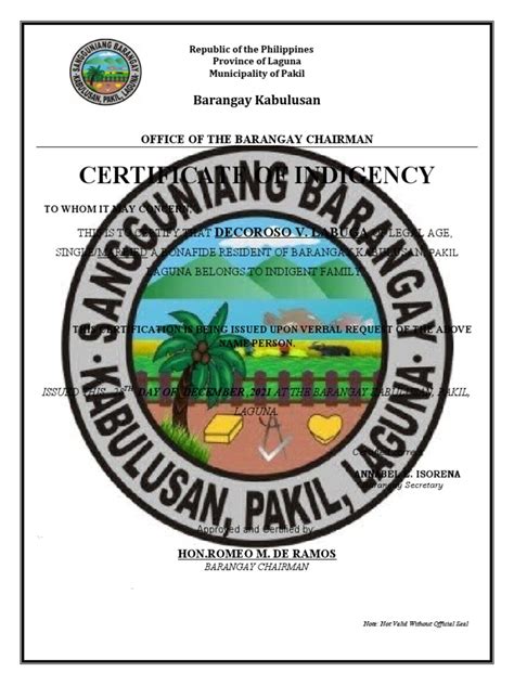 Certificate Of Indigency Barangay Kabulusan Pdf