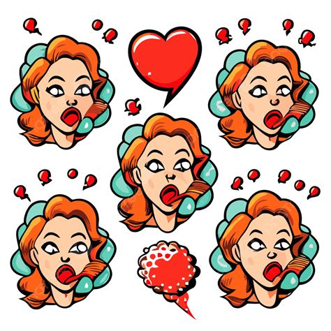 Blowing Kisses Sticker Clipart Sad Smiling Woman Comic With Heart And Emoji Vector Set Cartoon