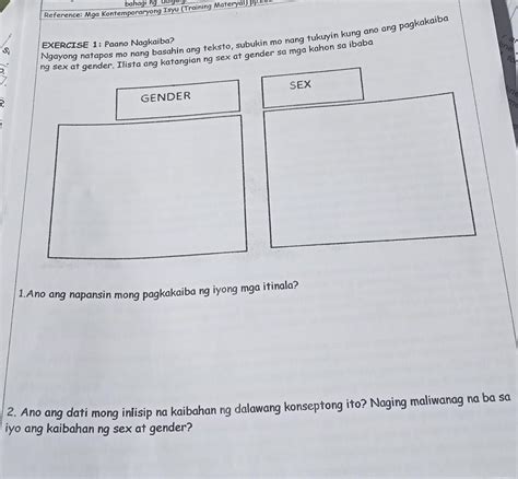 Subukin Mo Nang Tukuyin Kung Ano Ang Pagkakaiba Ng Sex At Gender Ilista Ang Katangian Ng Sex At