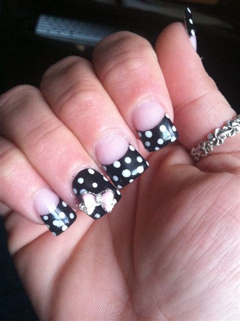 My Black White Polka Dot French Manicure With 3D Bow Cute Nail