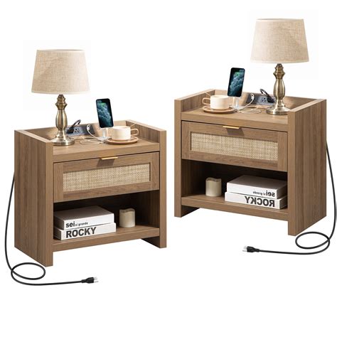 Surmoby Nightstand Set Of 2 With Charging Stationboho Bedside Table