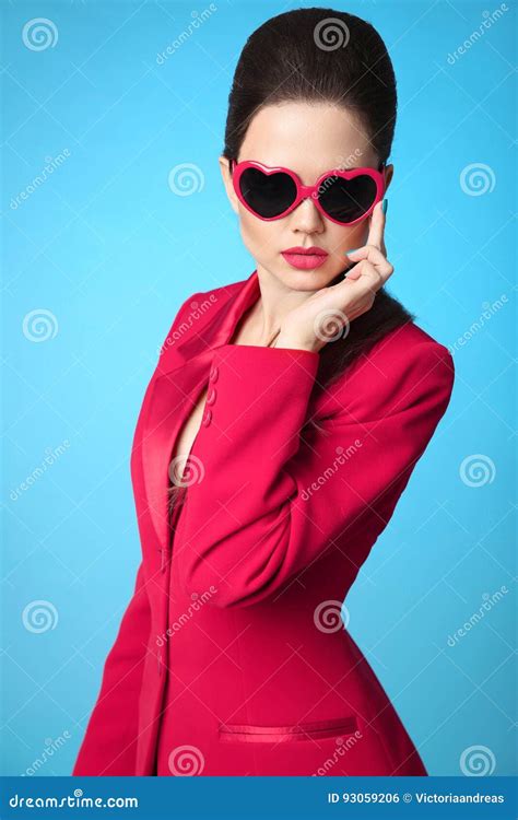 Fashionable Trendy Brunette Wearing In Heart Sunglasses And Red Stock Photo Image Of Brunette