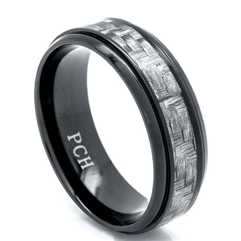 Mens Carbon Fiber Ring Set In Black Titanium 8mm Comfort Fit Wedding Band Pch Rings