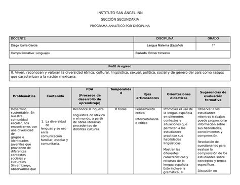 Anal Tico Primero Instituto San Ngel Inn Secci N Secundaria Programa