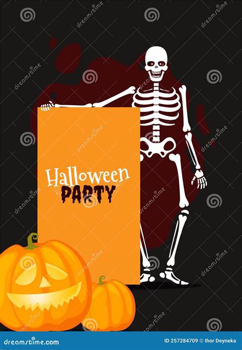 Banner With Human Skeletons In Different Poses With Scary Pumpkins Halloween Design Vector