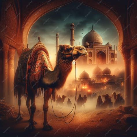 Premium Photo | A camel with a camel in front of a building with a