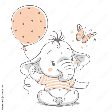 Hand drawn vector illustration of a cute baby elephant with balloon. Stock Vector | Adobe Stock