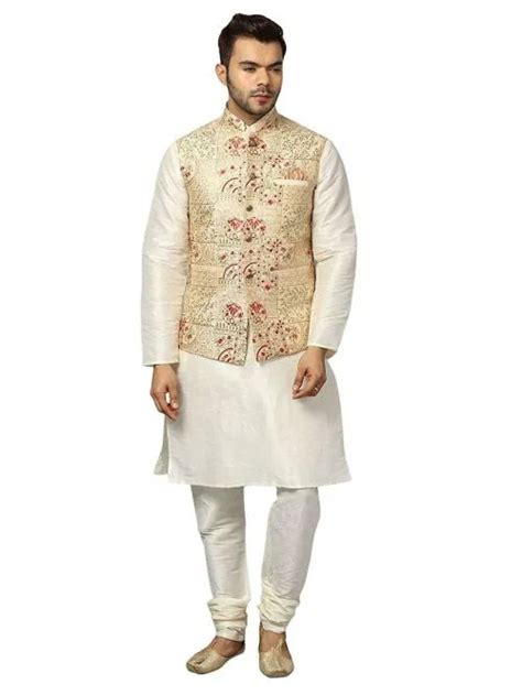 Buy Ethluxis Mens Off White Silk Blend Kurta Chudidar With Nehru Jacket